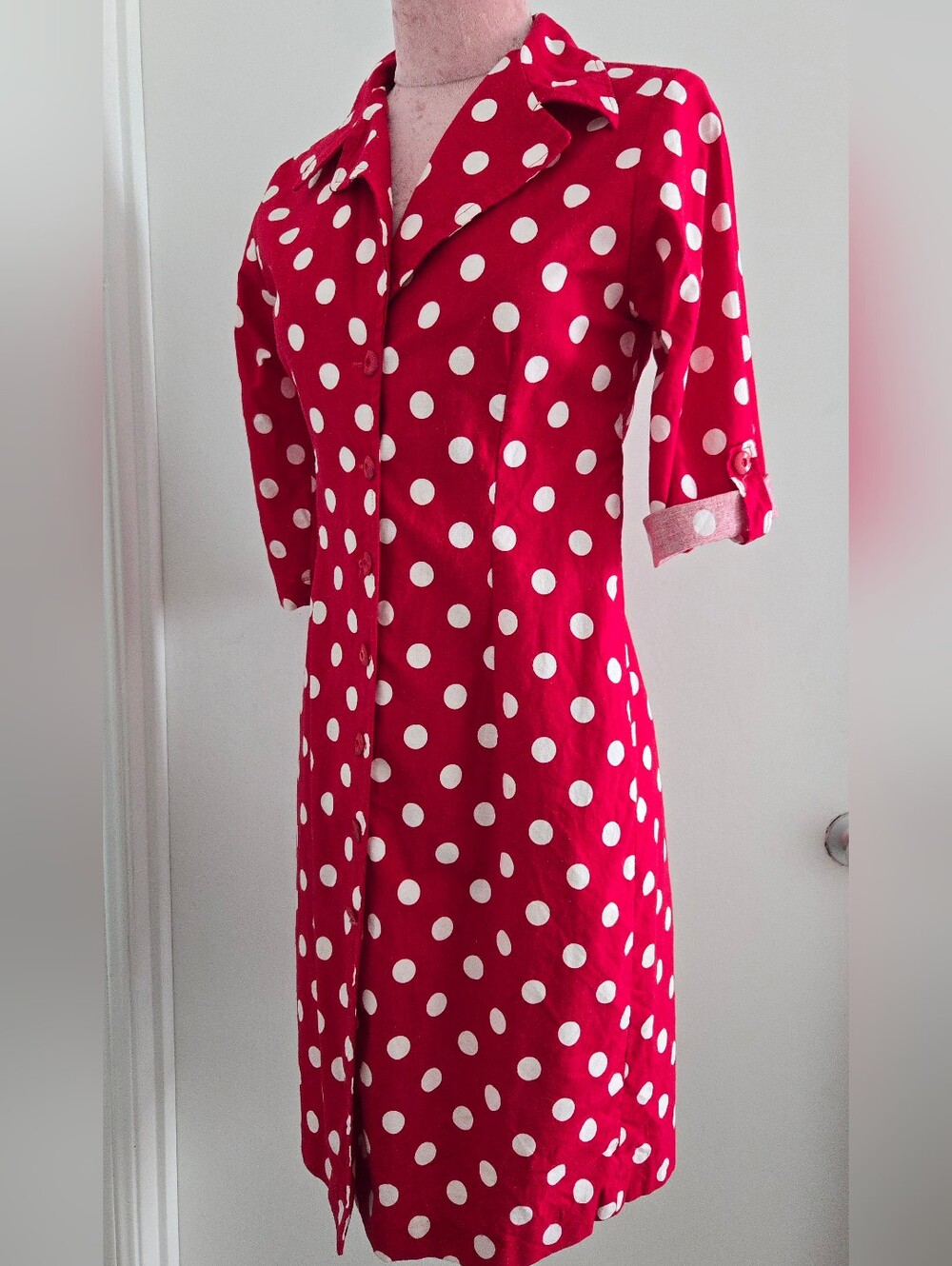 Vintage Polka Dot Red White Shirt Dress Hand Made Cotton Size S